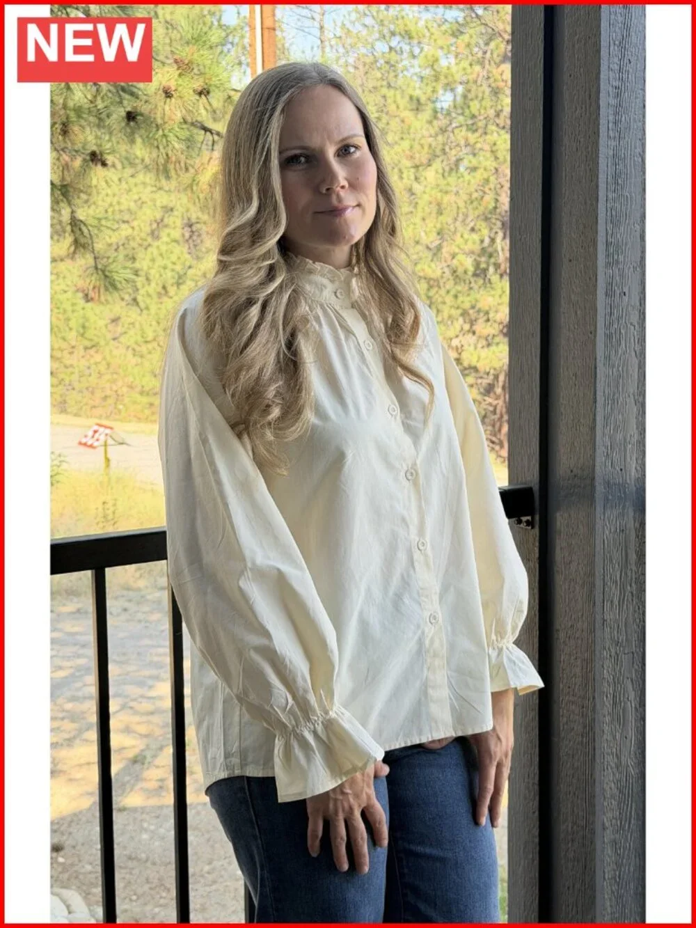 Womens Button Down Long Sleeve Blouse Stand Collar Ruffle Puff Sleeve Top
